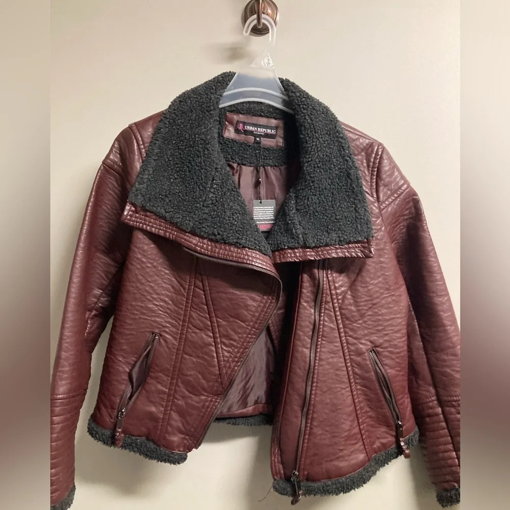 Womens URBAN Republic‎ brown Faux Leather Fur Trim Jacket!!Sz-XL! NWD